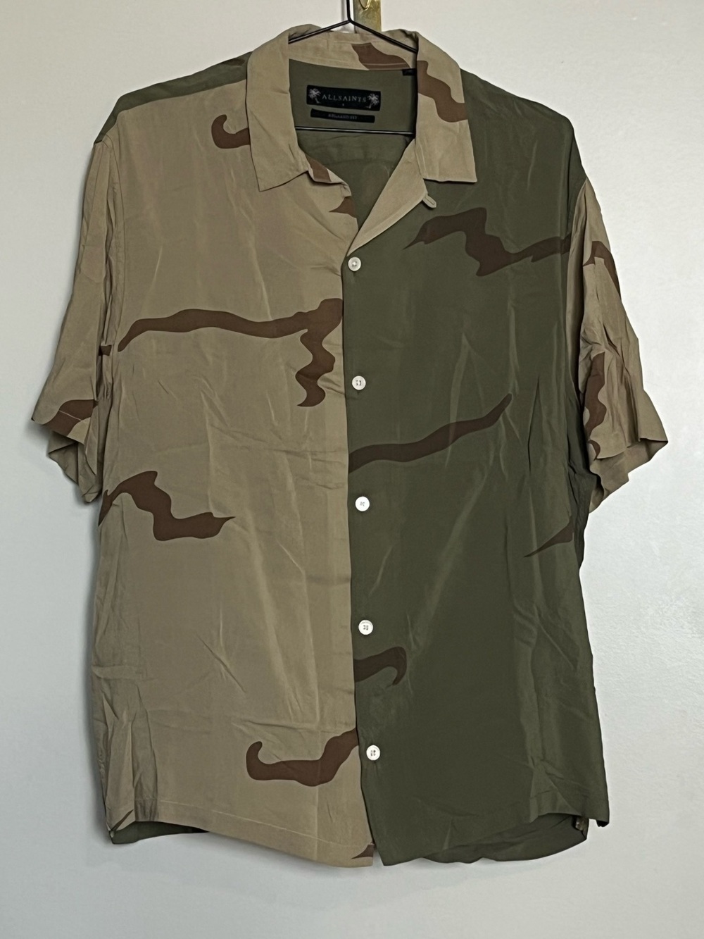 All Saints Split Camo Short-Sleeve Button-Up Sz L